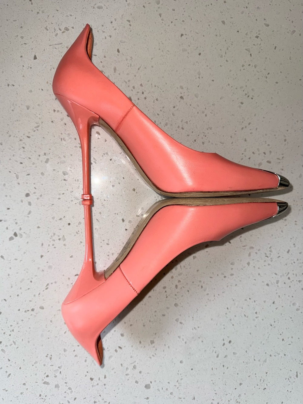 Alexander McQueen Coral Pink Pointed-Toe Pumps with Silver Metal Tip - Picture 10 of 14